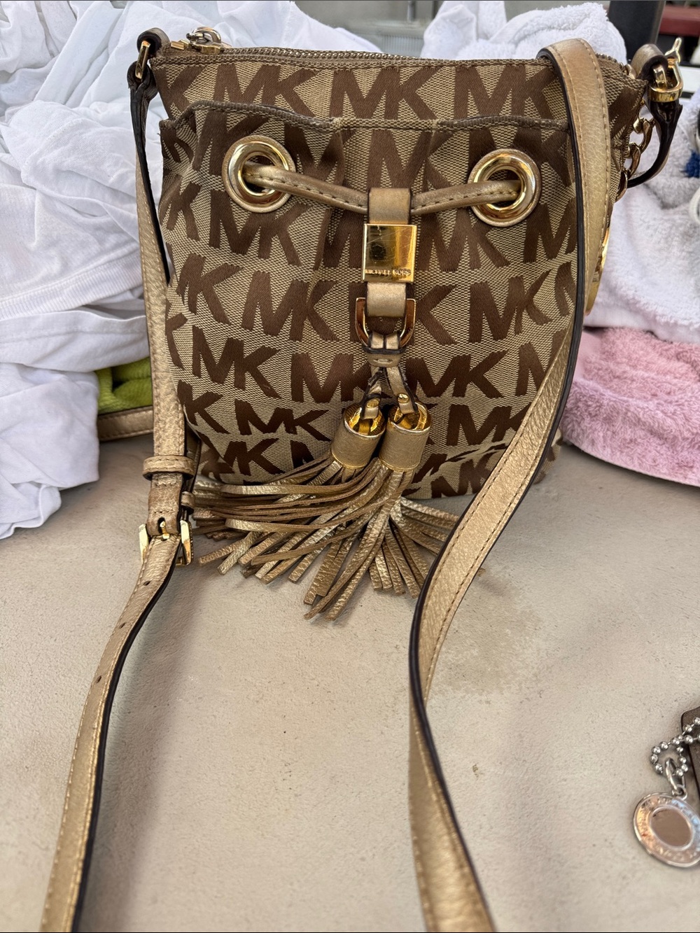 Michael Kors Gold and Brown Logo Tassel Crossbody